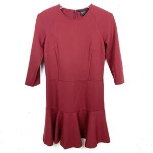 AX Armani Exchange Ponte Dress Flounce Hem Drop Waist Burgundy Red Size Medium